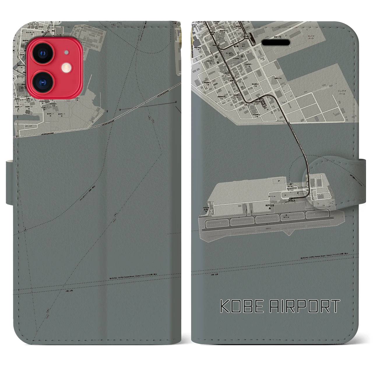 【神戸空港(兵庫県)】地図柄iPhoneケース(手帳タイプ)モノトーン・iPhone 11 用