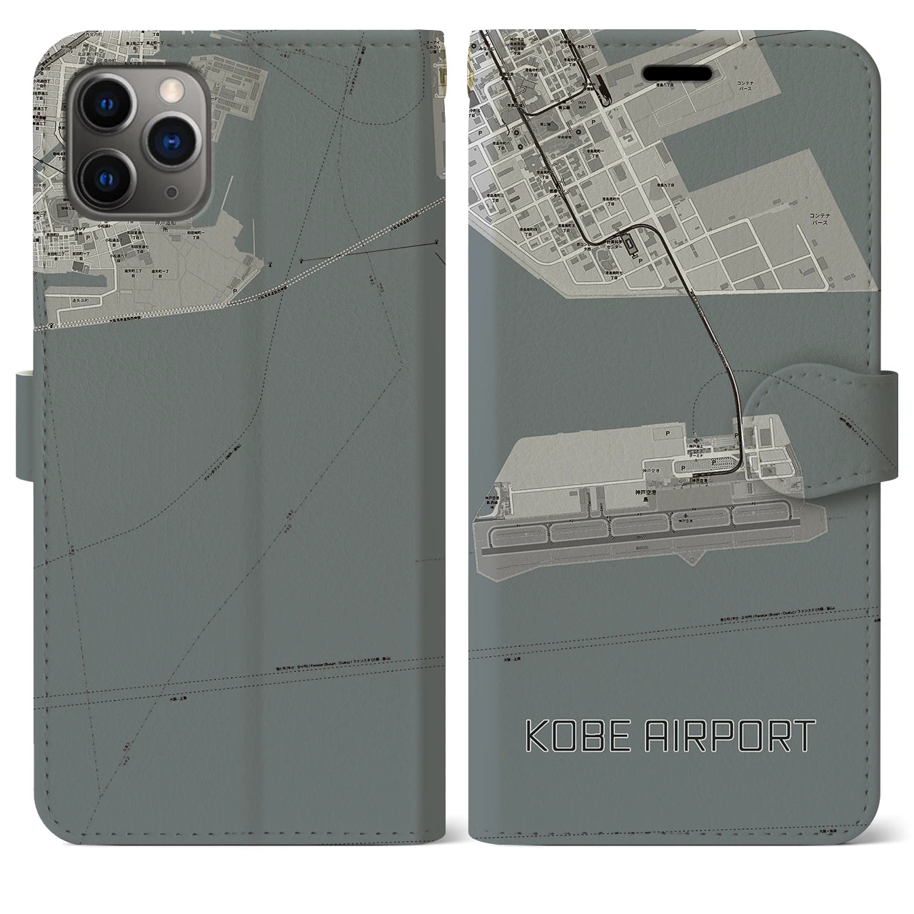 【神戸空港(兵庫県)】地図柄iPhoneケース(手帳タイプ)モノトーン・iPhone 11 Pro Max 用