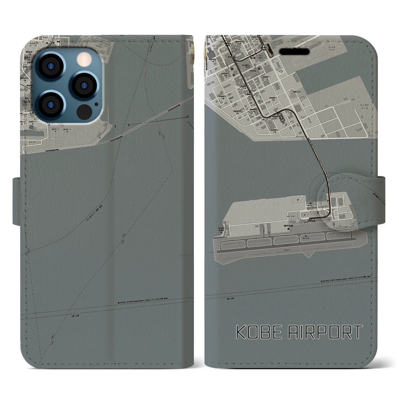 【神戸空港(兵庫県)】地図柄iPhoneケース(手帳タイプ)モノトーン・iPhone 12 / 12 Pro 用