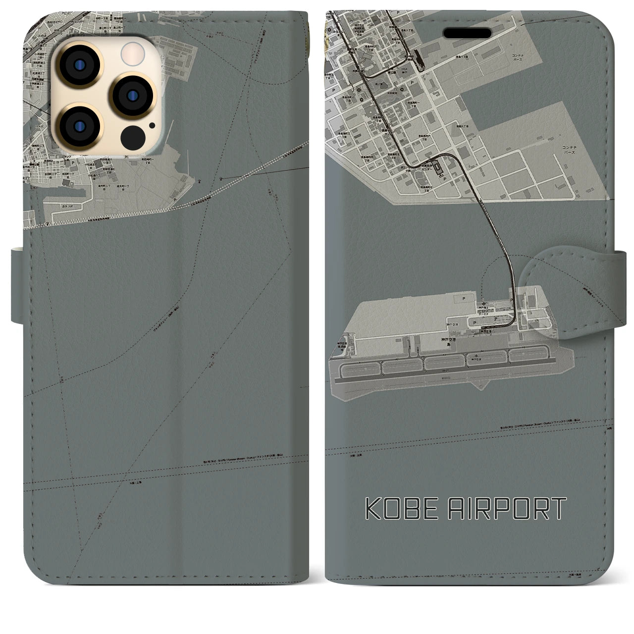 【神戸空港(兵庫県)】地図柄iPhoneケース(手帳タイプ)モノトーン・iPhone 12 Pro Max 用
