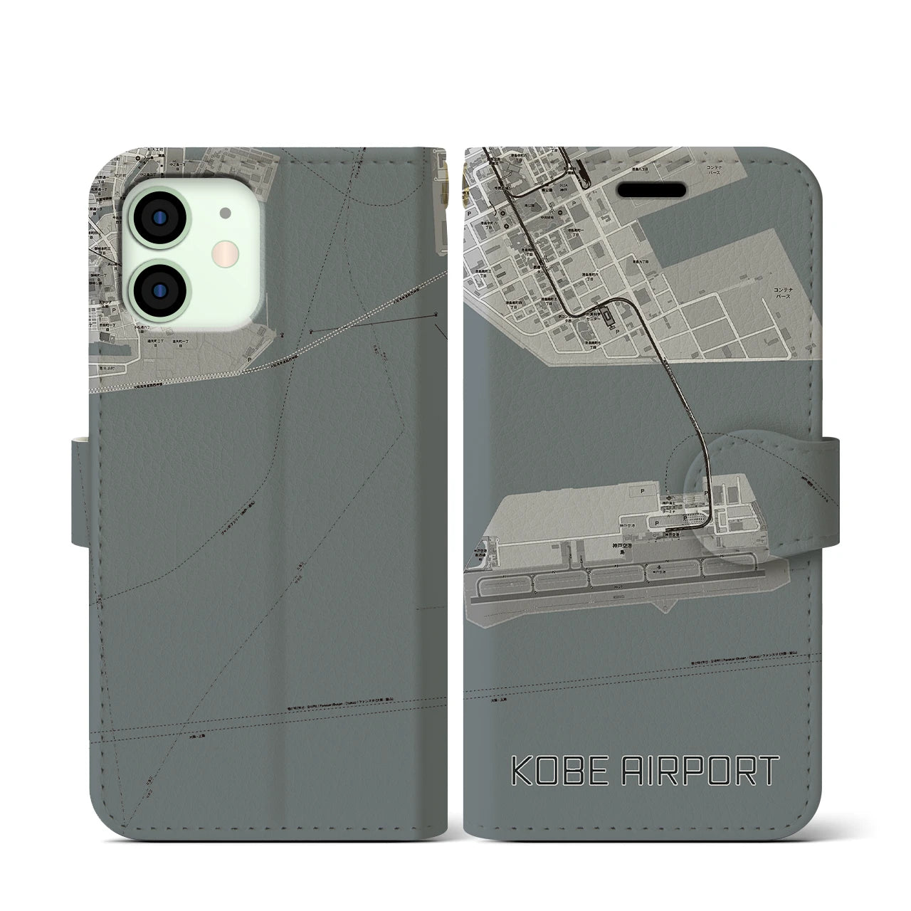 【神戸空港(兵庫県)】地図柄iPhoneケース(手帳タイプ)モノトーン・iPhone 12 mini 用