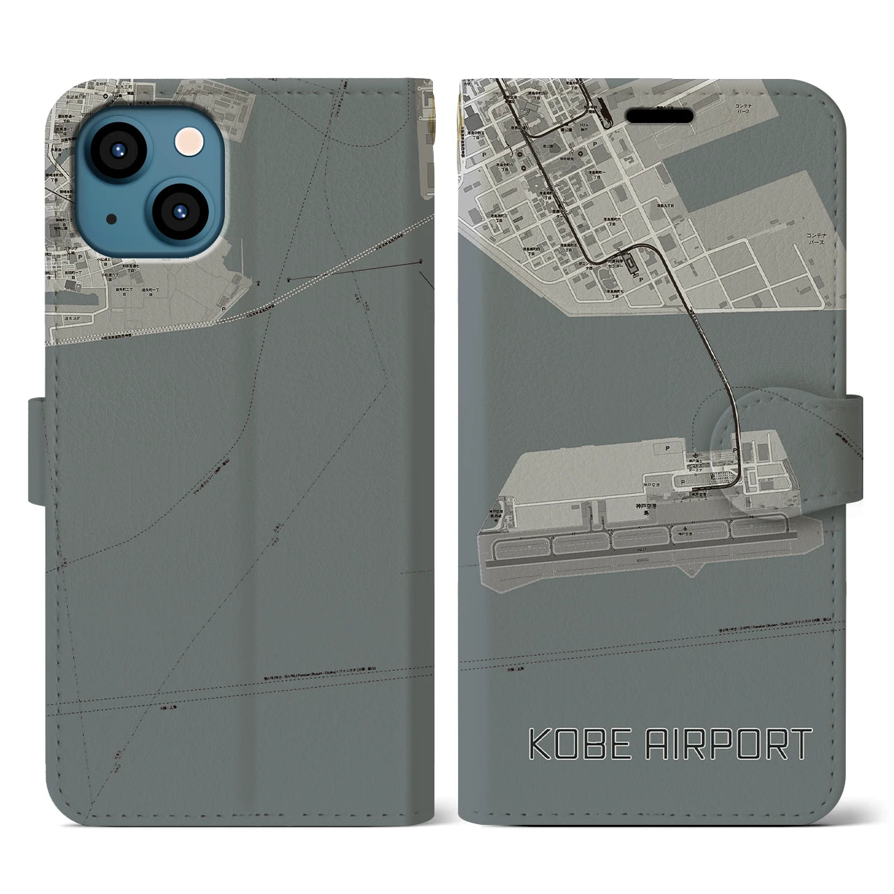 【神戸空港(兵庫県)】地図柄iPhoneケース(手帳タイプ)モノトーン・iPhone 13 用