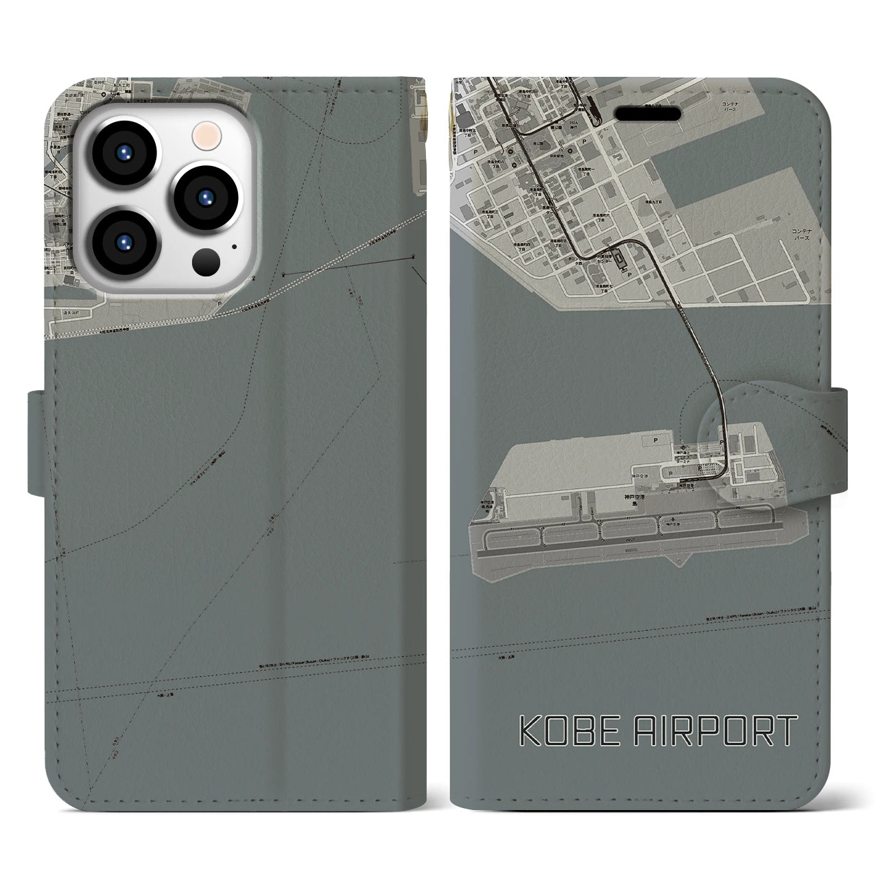 【神戸空港(兵庫県)】地図柄iPhoneケース(手帳タイプ)モノトーン・iPhone 13 Pro 用