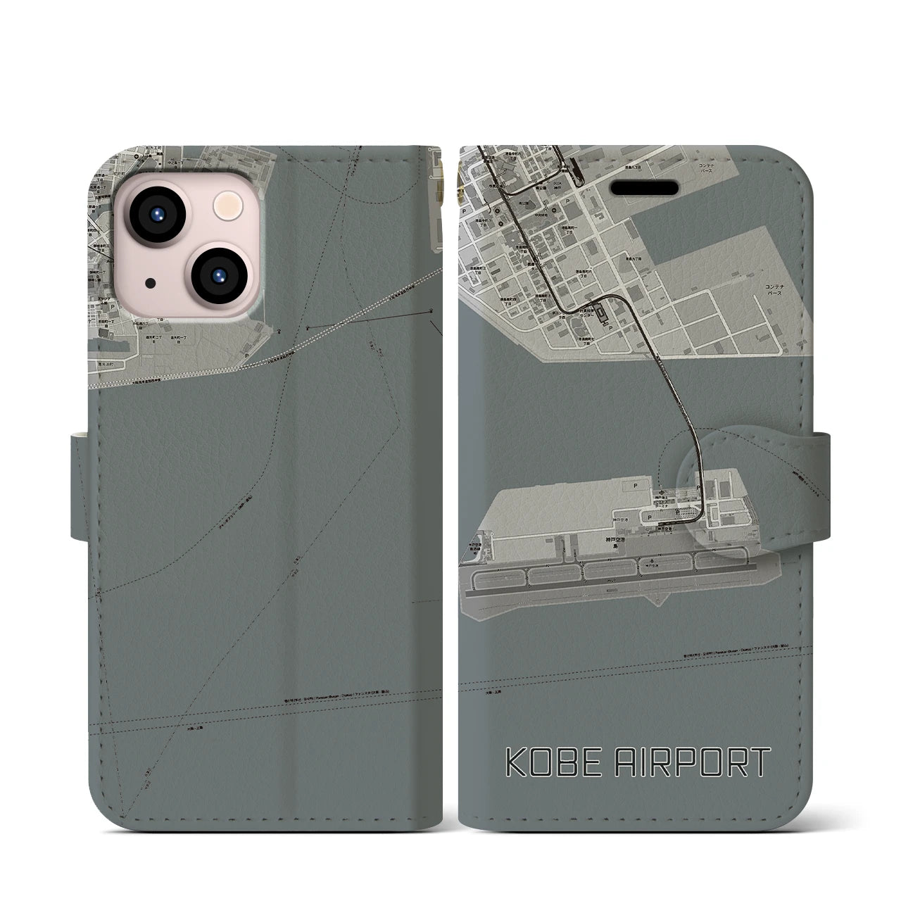 【神戸空港(兵庫県)】地図柄iPhoneケース(手帳タイプ)モノトーン・iPhone 13 mini 用