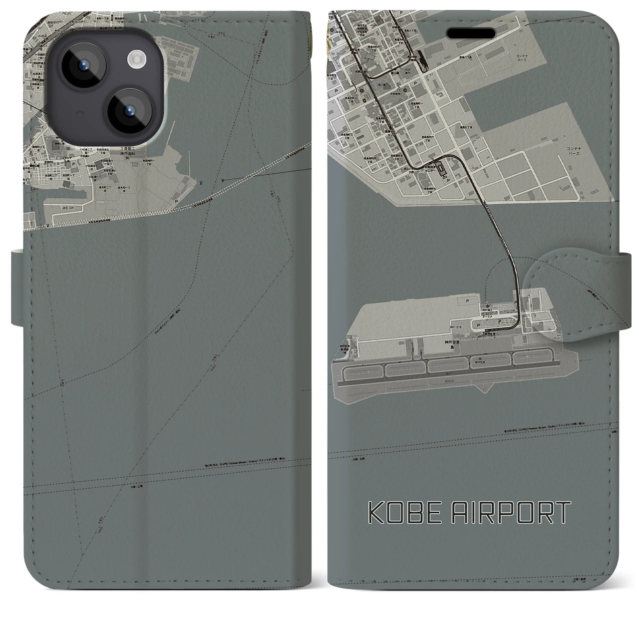 【神戸空港(兵庫県)】地図柄iPhoneケース(手帳タイプ)モノトーン・iPhone 14 Plus 用