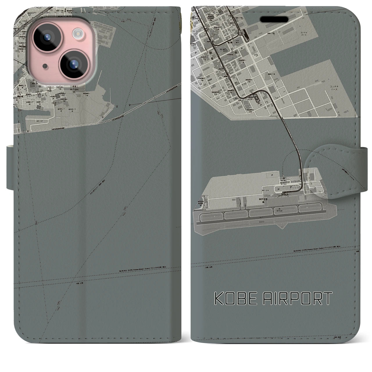 【神戸空港(兵庫県)】地図柄iPhoneケース(手帳タイプ)モノトーン・iPhone 15 Plus 用