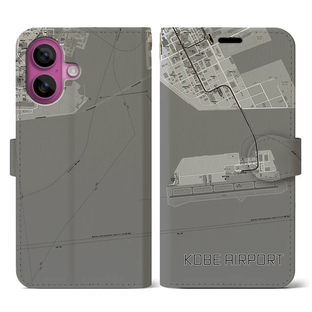 【神戸空港(兵庫県)】地図柄iPhoneケース(手帳タイプ)モノトーン・iPhone 16 Pro 用