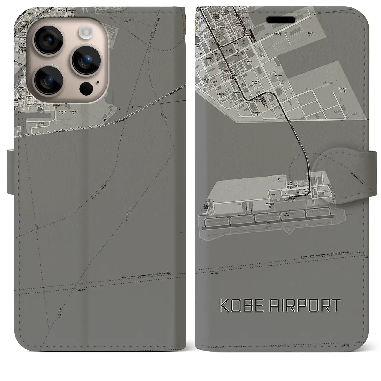 【神戸空港(兵庫県)】地図柄iPhoneケース(手帳タイプ)モノトーン・iPhone 16 Plus 用