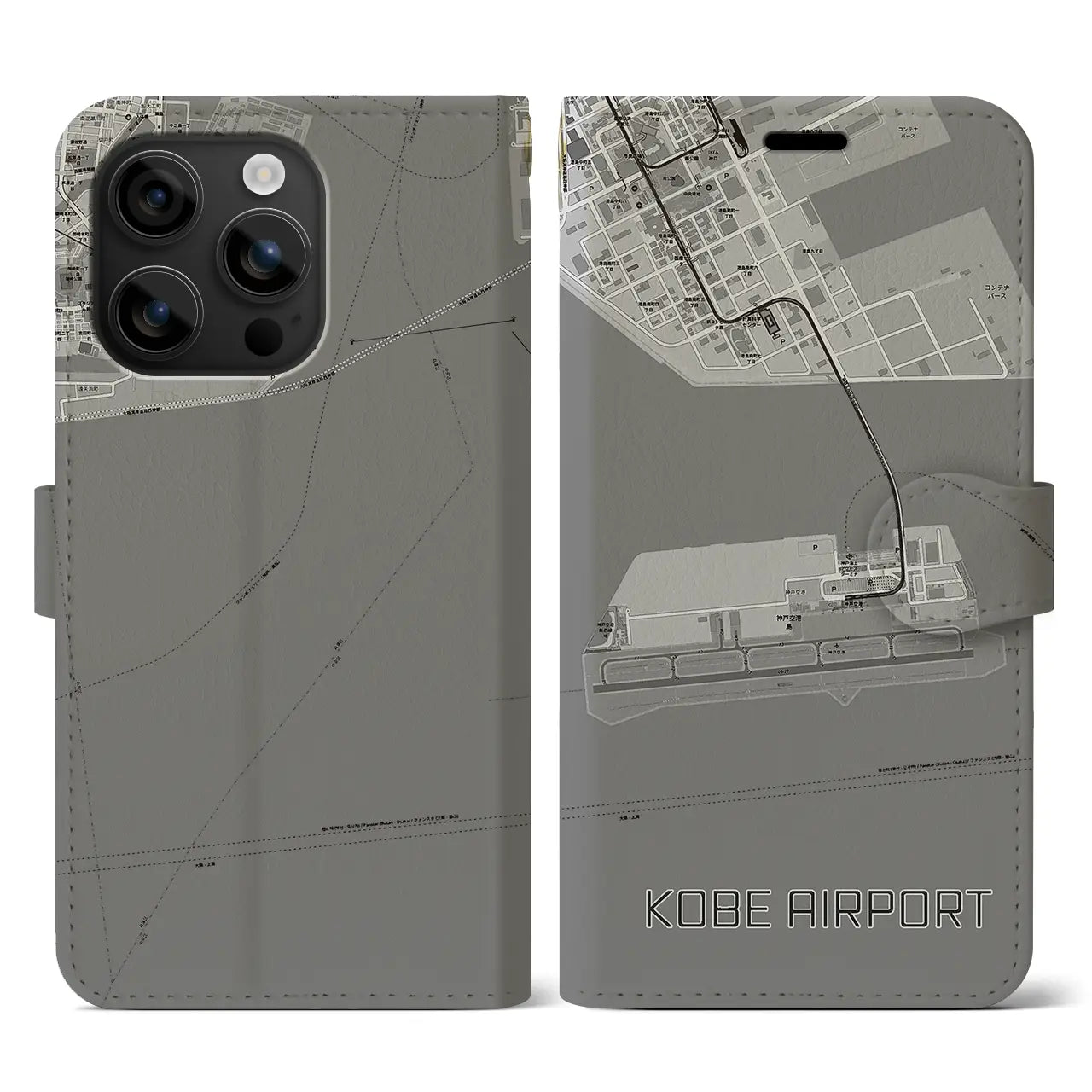 【神戸空港(兵庫県)】地図柄iPhoneケース(手帳タイプ)モノトーン・iPhone 16 用