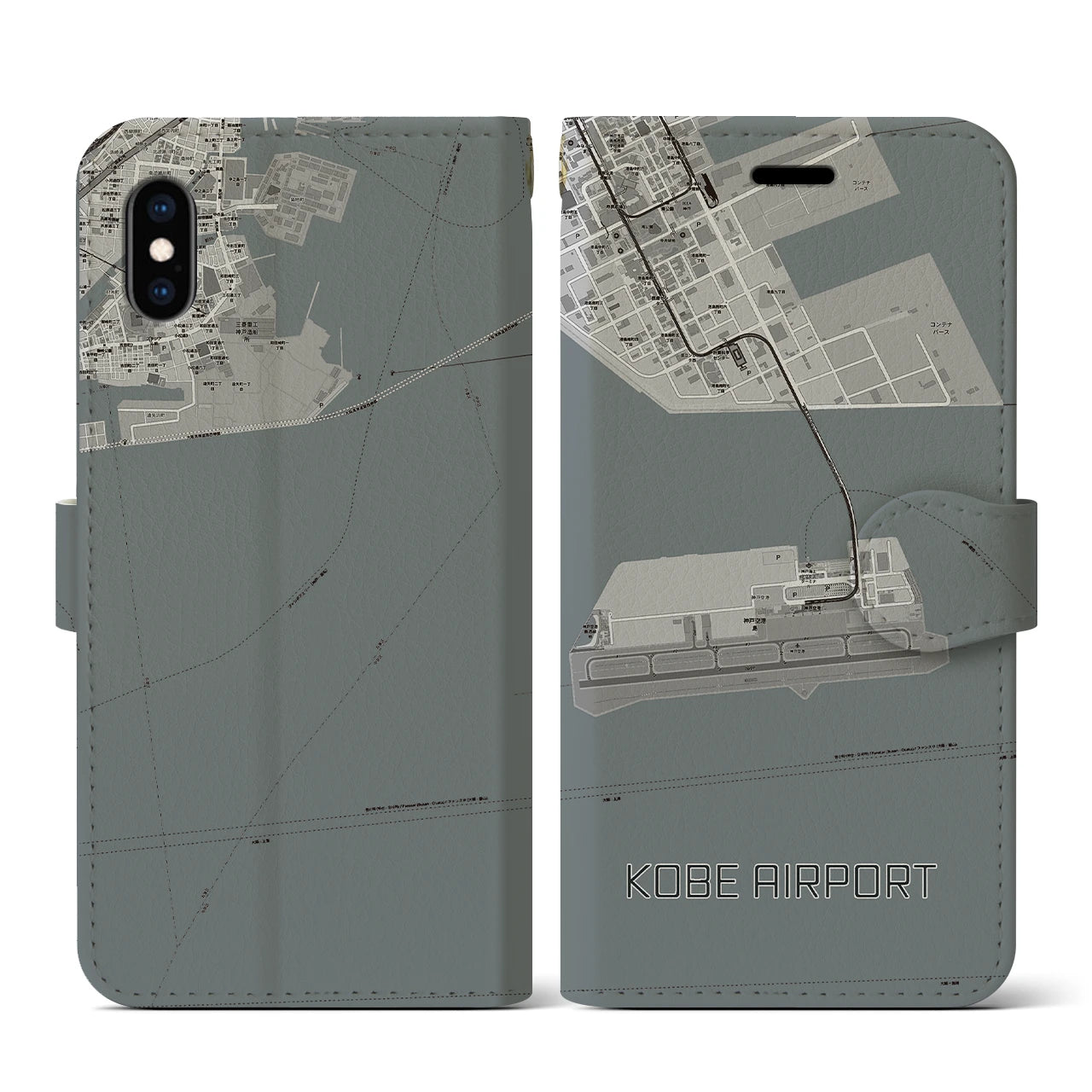 【神戸空港(兵庫県)】地図柄iPhoneケース(手帳タイプ)モノトーン・iPhone XS / X 用