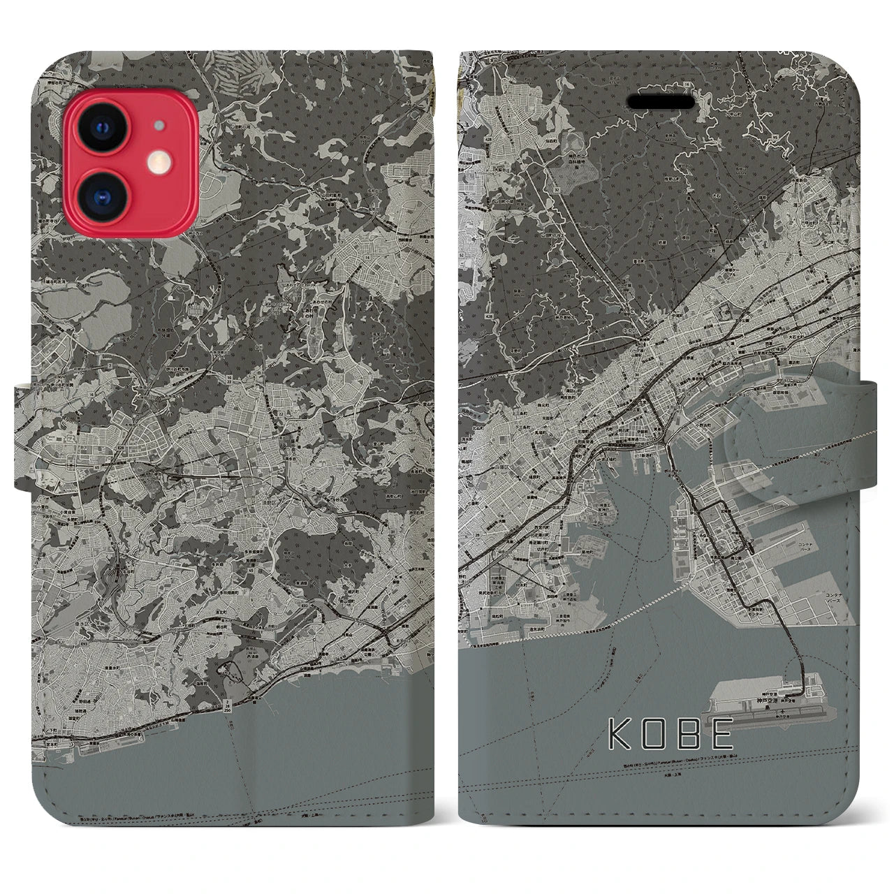 【神戸(兵庫県)】地図柄iPhoneケース(手帳タイプ)モノトーン・iPhone 11 用
