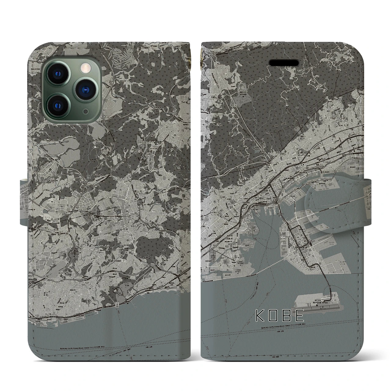 【神戸(兵庫県)】地図柄iPhoneケース(手帳タイプ)モノトーン・iPhone 11 Pro 用