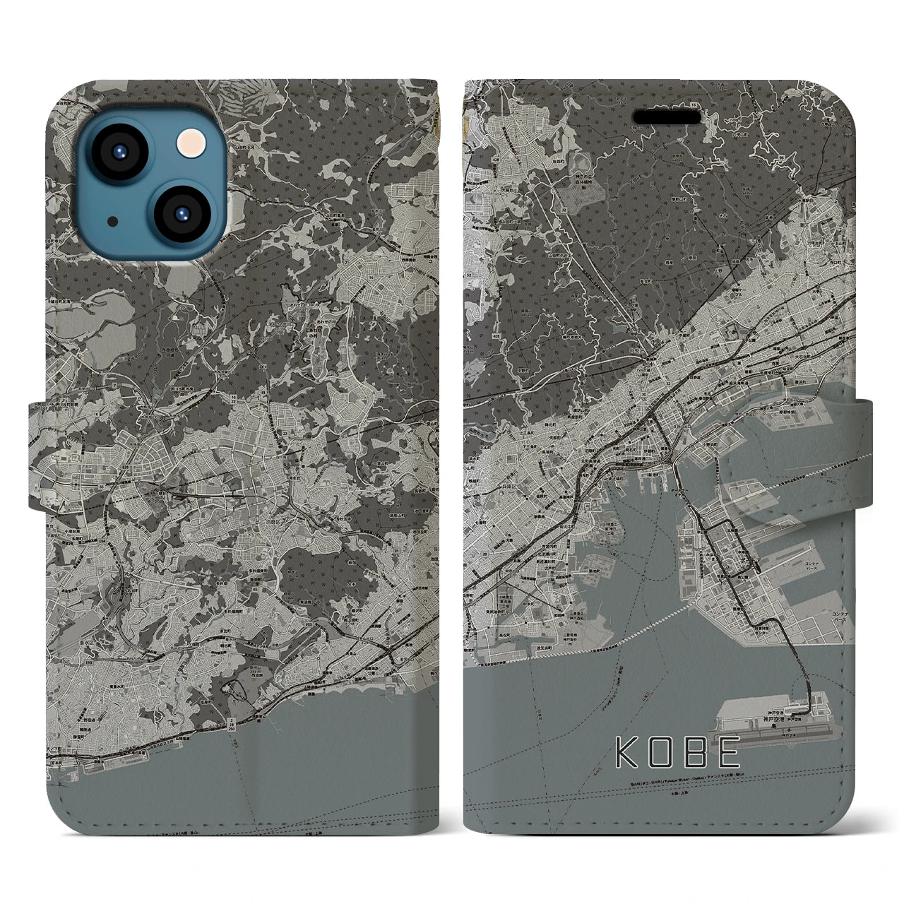 【神戸(兵庫県)】地図柄iPhoneケース(手帳タイプ)モノトーン・iPhone 13 用