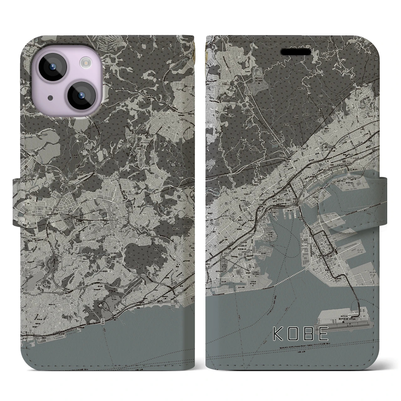【神戸(兵庫県)】地図柄iPhoneケース(手帳タイプ)モノトーン・iPhone 14 用