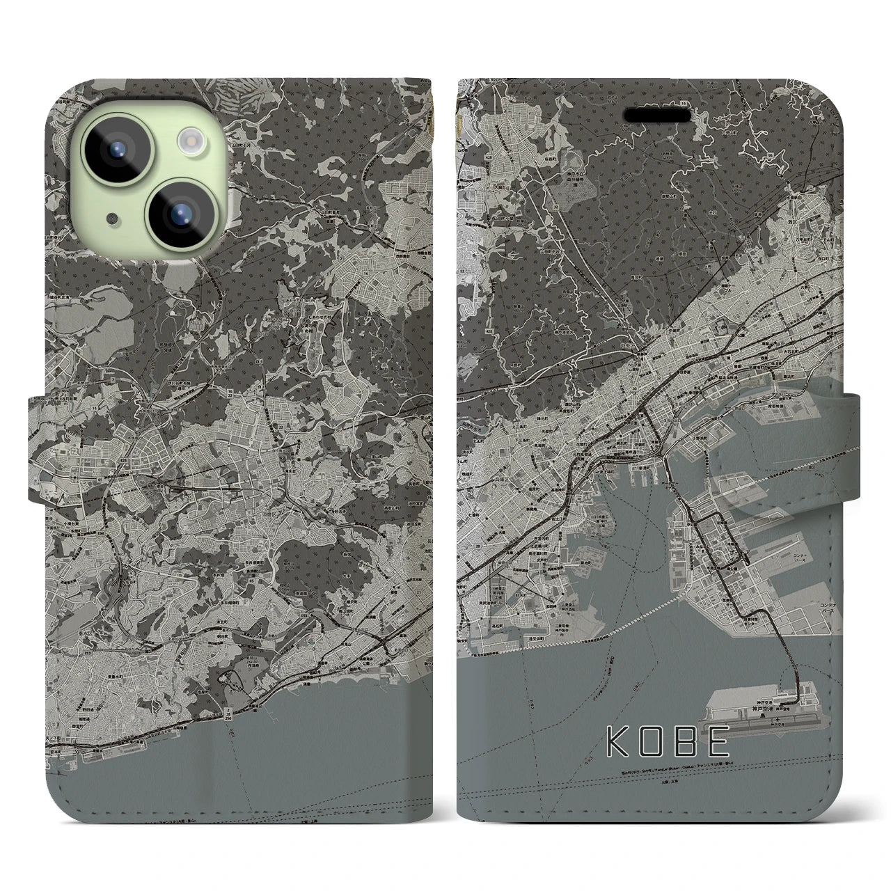 【神戸(兵庫県)】地図柄iPhoneケース(手帳タイプ)モノトーン・iPhone 15 用