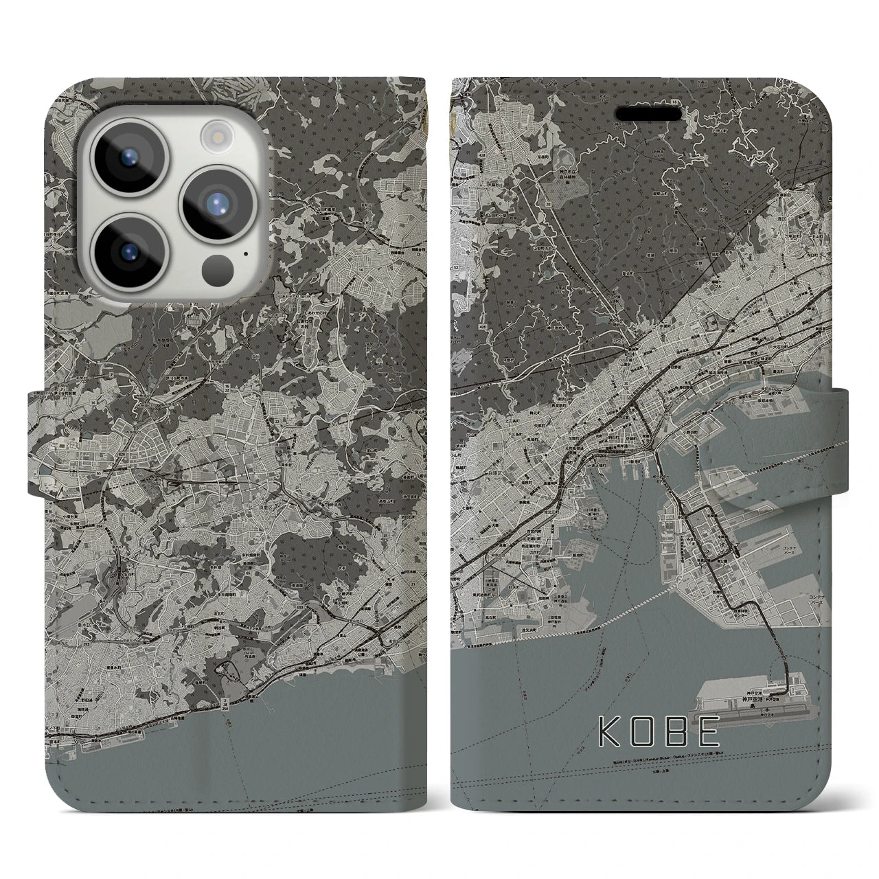 【神戸(兵庫県)】地図柄iPhoneケース(手帳タイプ)モノトーン・iPhone 15 Pro 用