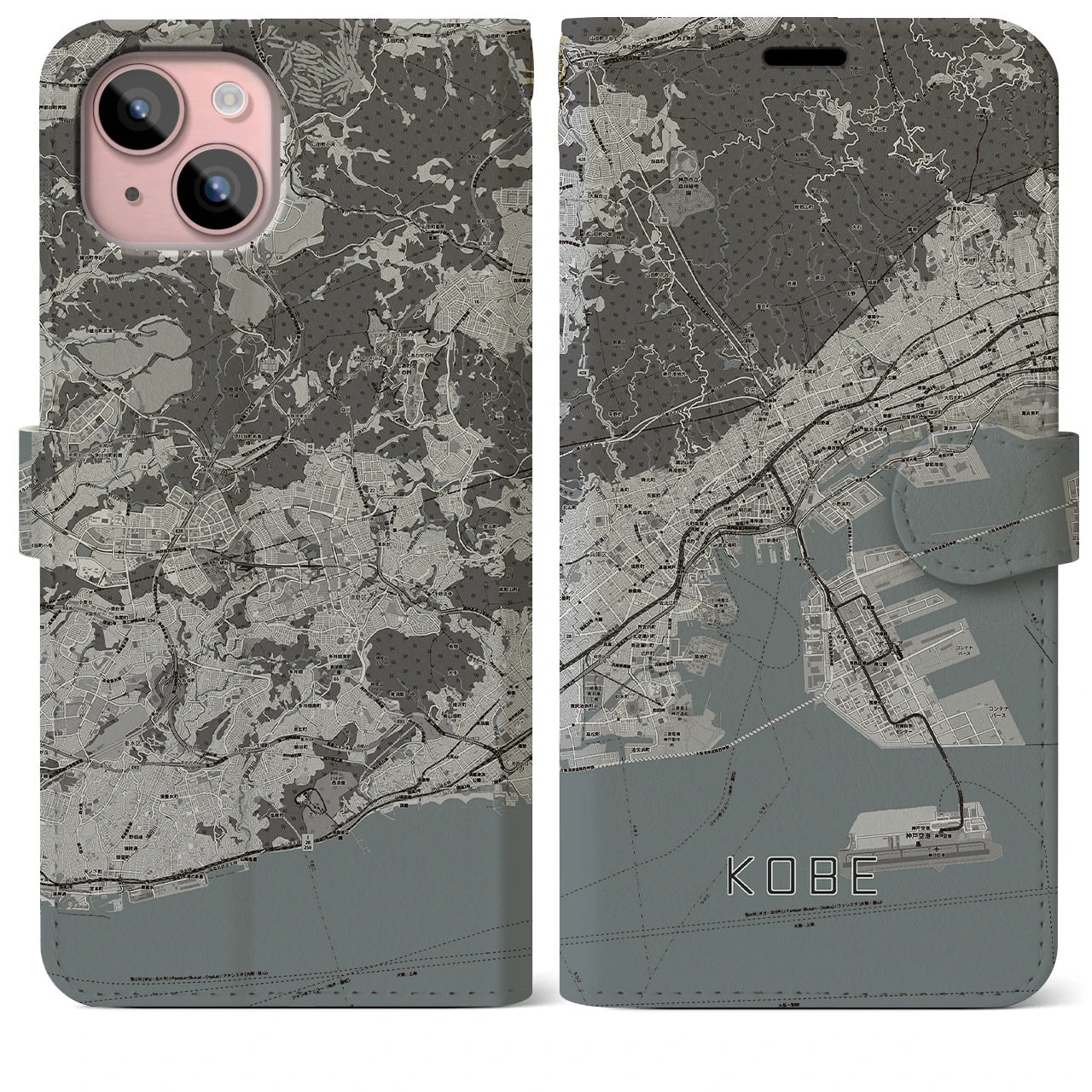 【神戸(兵庫県)】地図柄iPhoneケース(手帳タイプ)モノトーン・iPhone 15 Plus 用