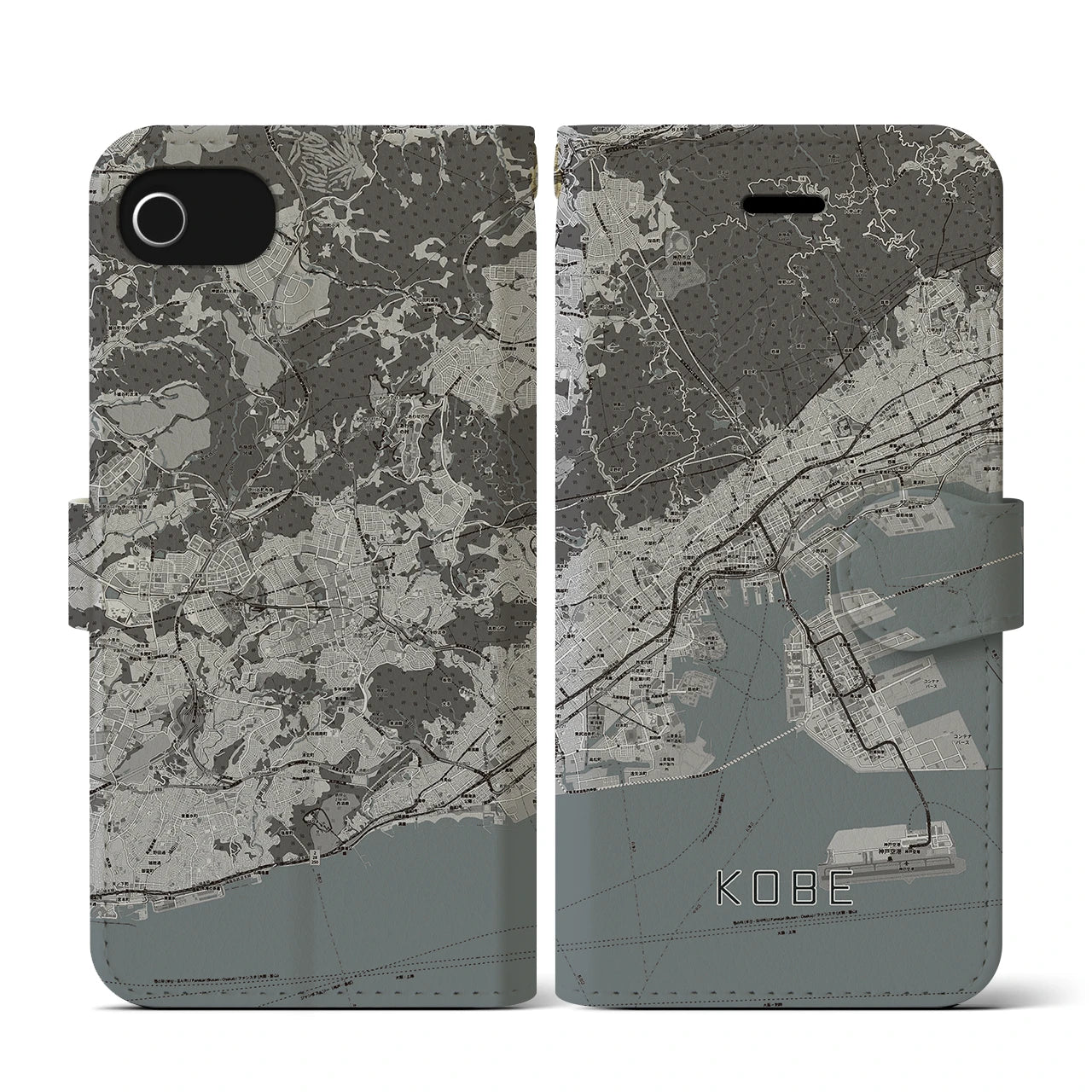 【神戸(兵庫県)】地図柄iPhoneケース(手帳タイプ)モノトーン・iPhone SE(第3 / 第2世代) / 8 / 7 / 6s / 6 用