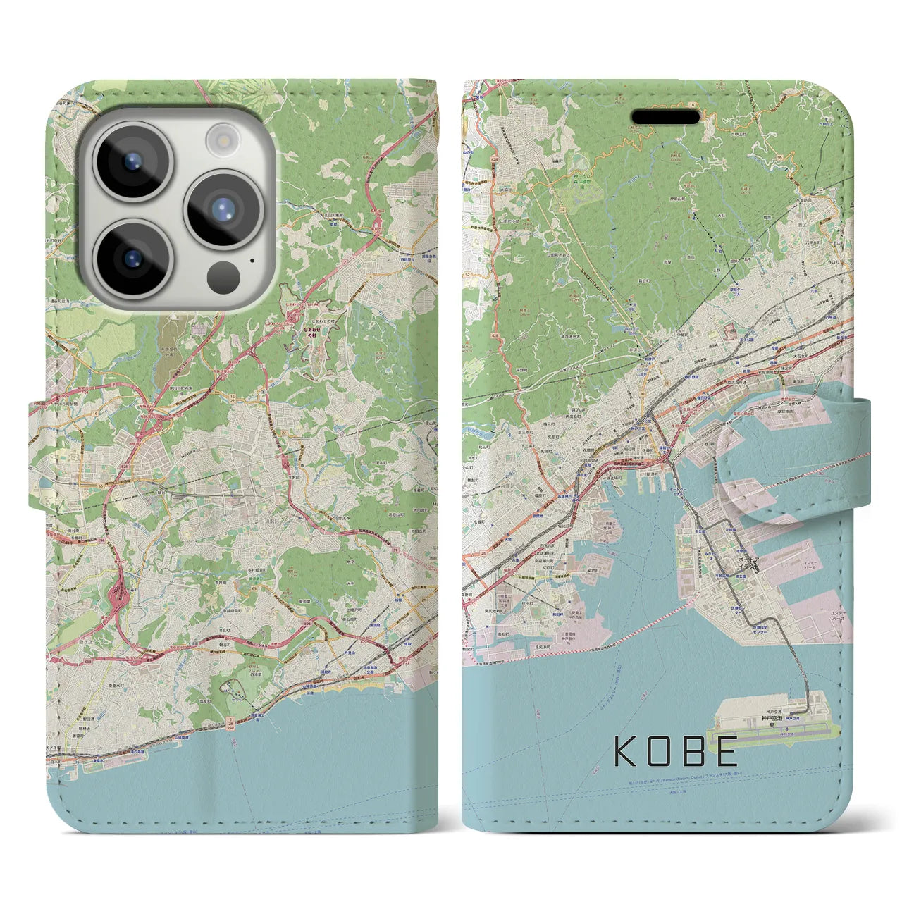 【神戸(兵庫県)】地図柄iPhoneケース(手帳タイプ)ナチュラル・iPhone 15 Pro 用