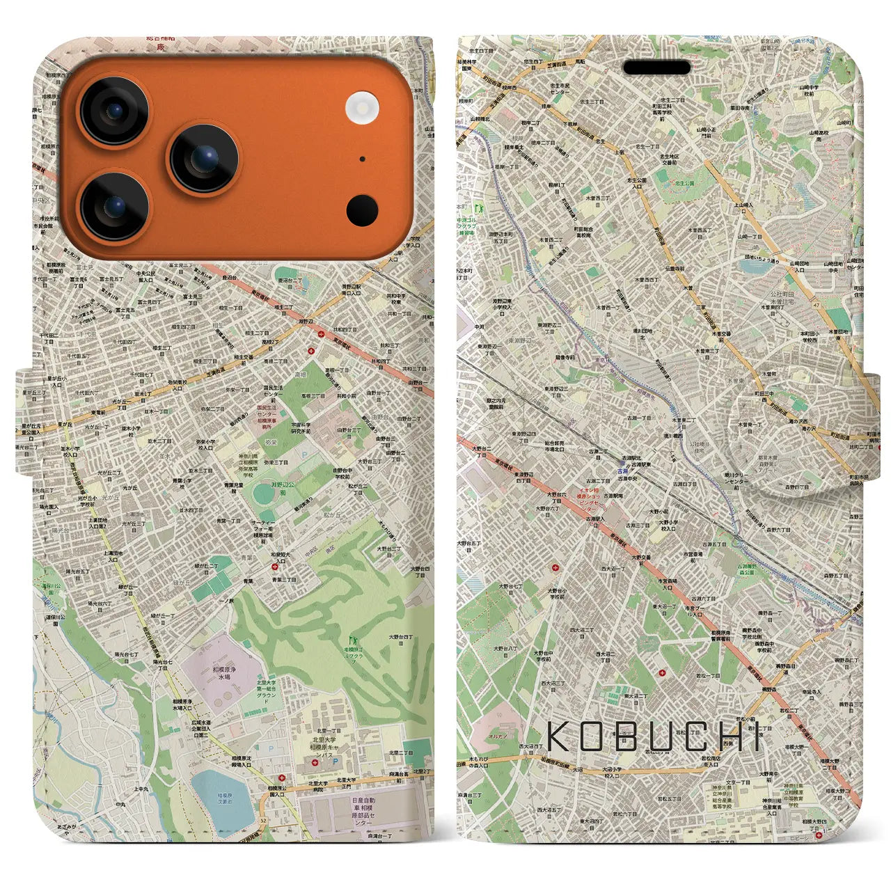 【古淵(神奈川県)】地図柄iPhoneケース(手帳タイプ)ナチュラル・iPhone 17 Pro Max 用