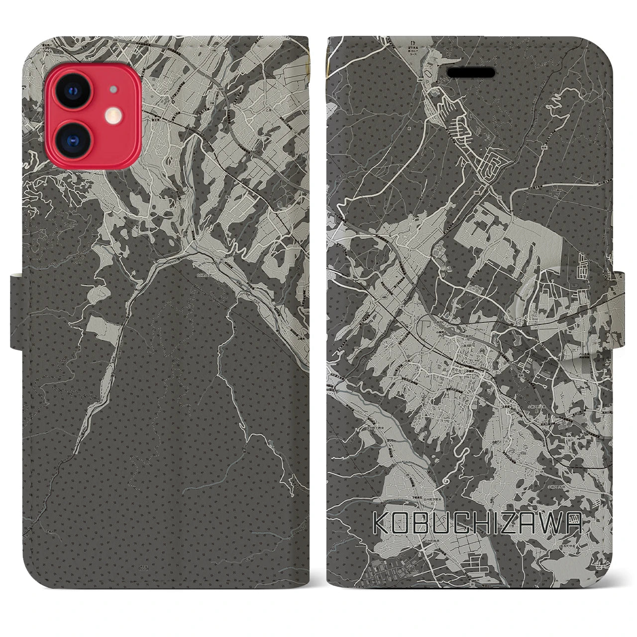 【小淵沢(山梨県)】地図柄iPhoneケース(手帳タイプ)モノトーン・iPhone 11 用