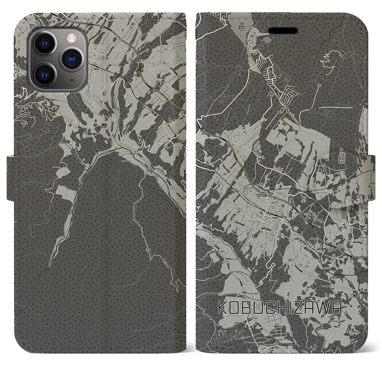 【小淵沢(山梨県)】地図柄iPhoneケース(手帳タイプ)モノトーン・iPhone 11 Pro Max 用