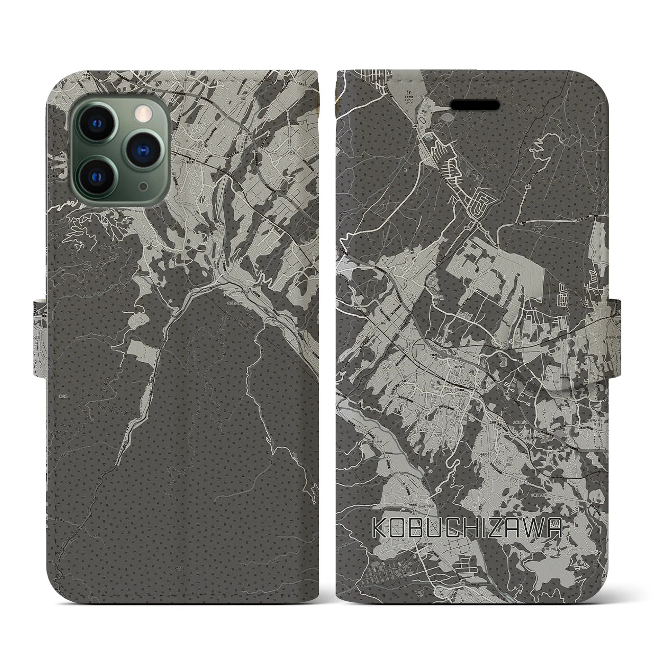 【小淵沢(山梨県)】地図柄iPhoneケース(手帳タイプ)モノトーン・iPhone 11 Pro 用