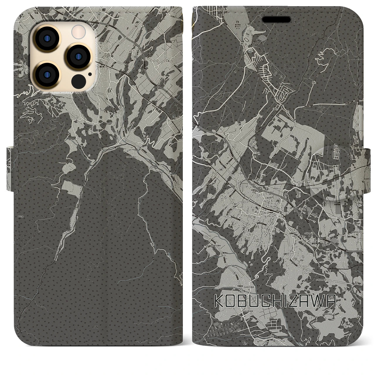 【小淵沢(山梨県)】地図柄iPhoneケース(手帳タイプ)モノトーン・iPhone 12 Pro Max 用