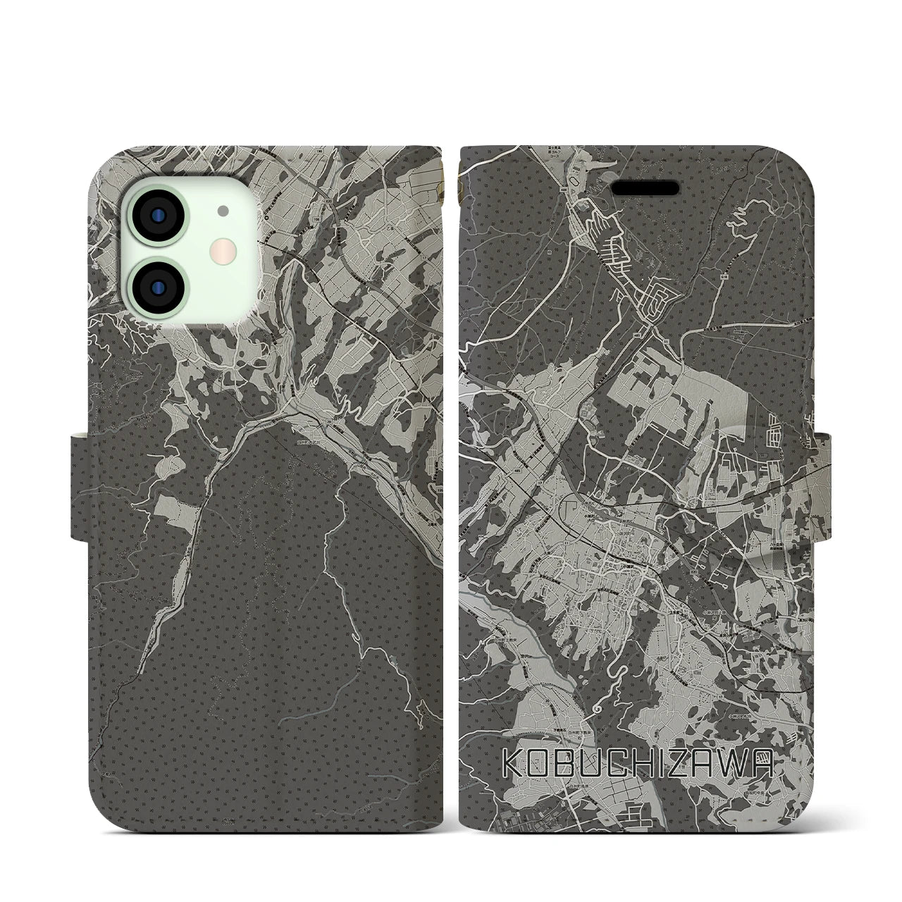 【小淵沢(山梨県)】地図柄iPhoneケース(手帳タイプ)モノトーン・iPhone 12 mini 用