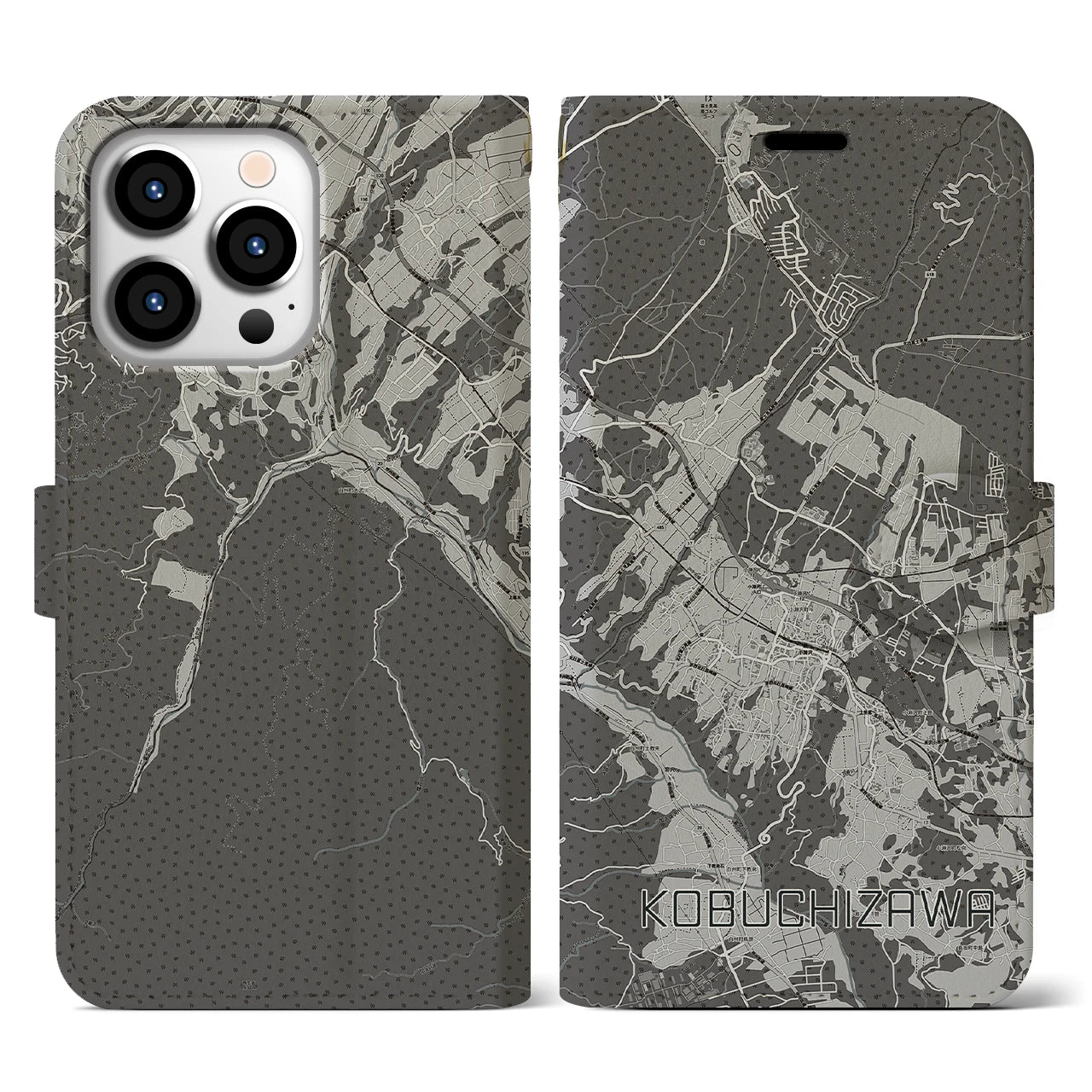 【小淵沢(山梨県)】地図柄iPhoneケース(手帳タイプ)モノトーン・iPhone 13 Pro 用