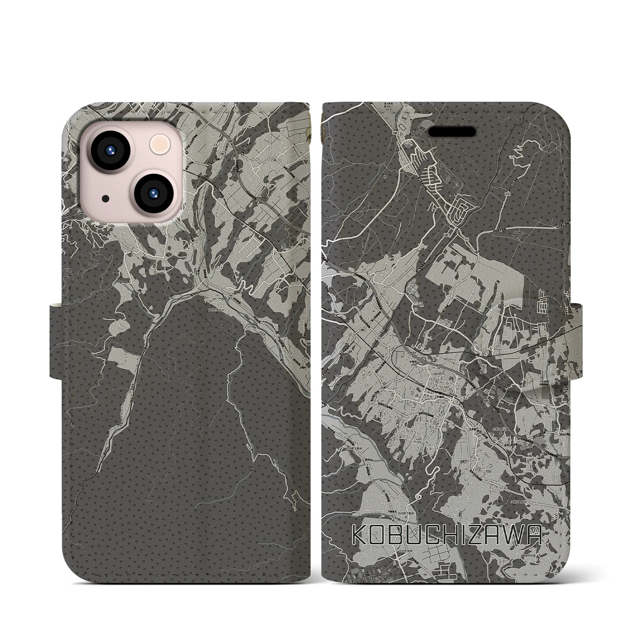 【小淵沢(山梨県)】地図柄iPhoneケース(手帳タイプ)モノトーン・iPhone 13 mini 用