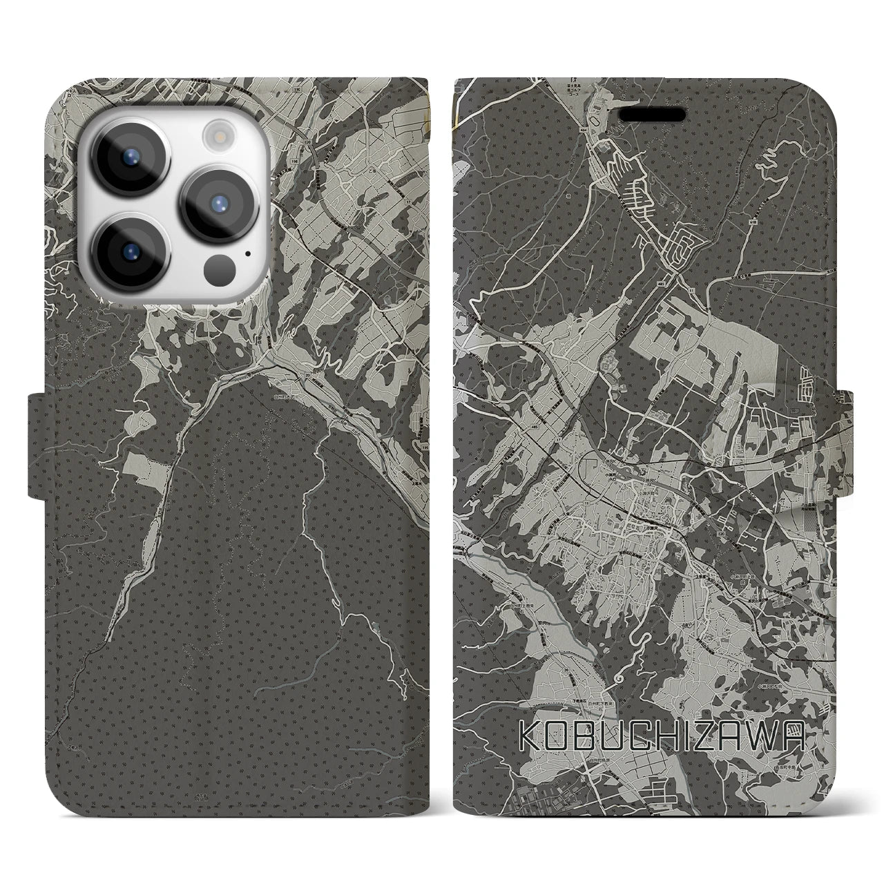 【小淵沢(山梨県)】地図柄iPhoneケース(手帳タイプ)モノトーン・iPhone 14 Pro 用