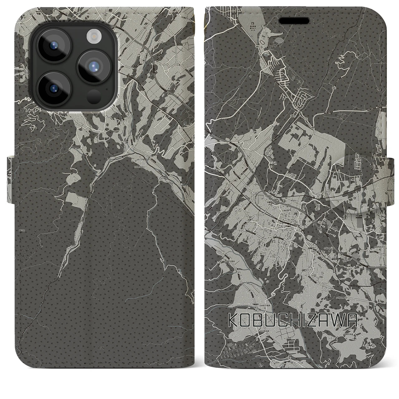 【小淵沢(山梨県)】地図柄iPhoneケース(手帳タイプ)モノトーン・iPhone 15 Pro Max 用