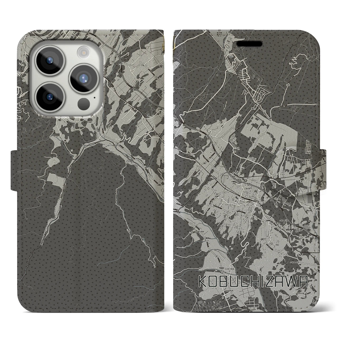 【小淵沢(山梨県)】地図柄iPhoneケース(手帳タイプ)モノトーン・iPhone 15 Pro 用