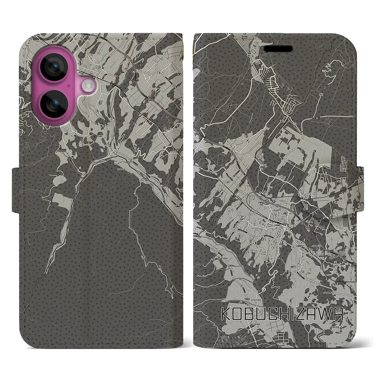【小淵沢(山梨県)】地図柄iPhoneケース(手帳タイプ)モノトーン・iPhone 16 Pro 用