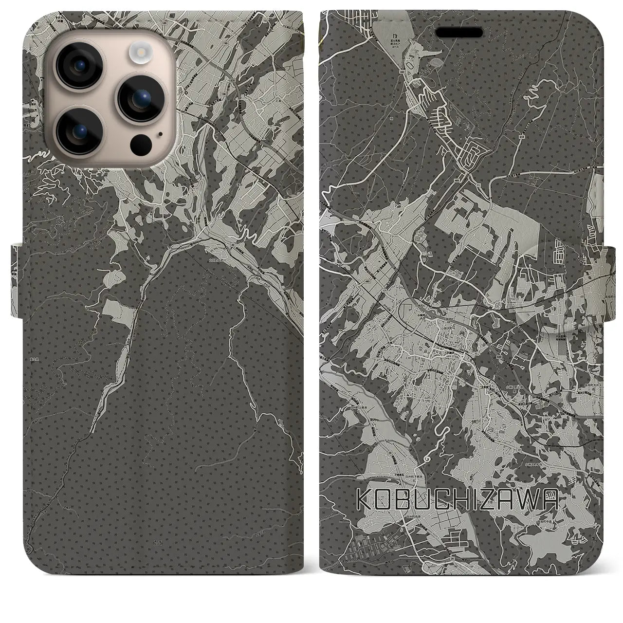 【小淵沢(山梨県)】地図柄iPhoneケース(手帳タイプ)モノトーン・iPhone 16 Plus 用