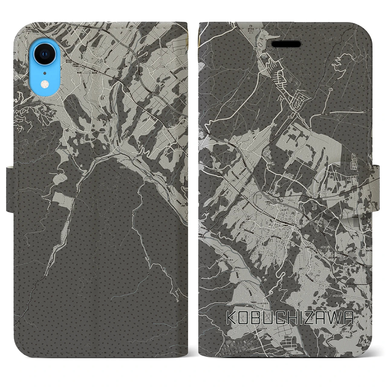 【小淵沢(山梨県)】地図柄iPhoneケース(手帳タイプ)モノトーン・iPhone XR 用