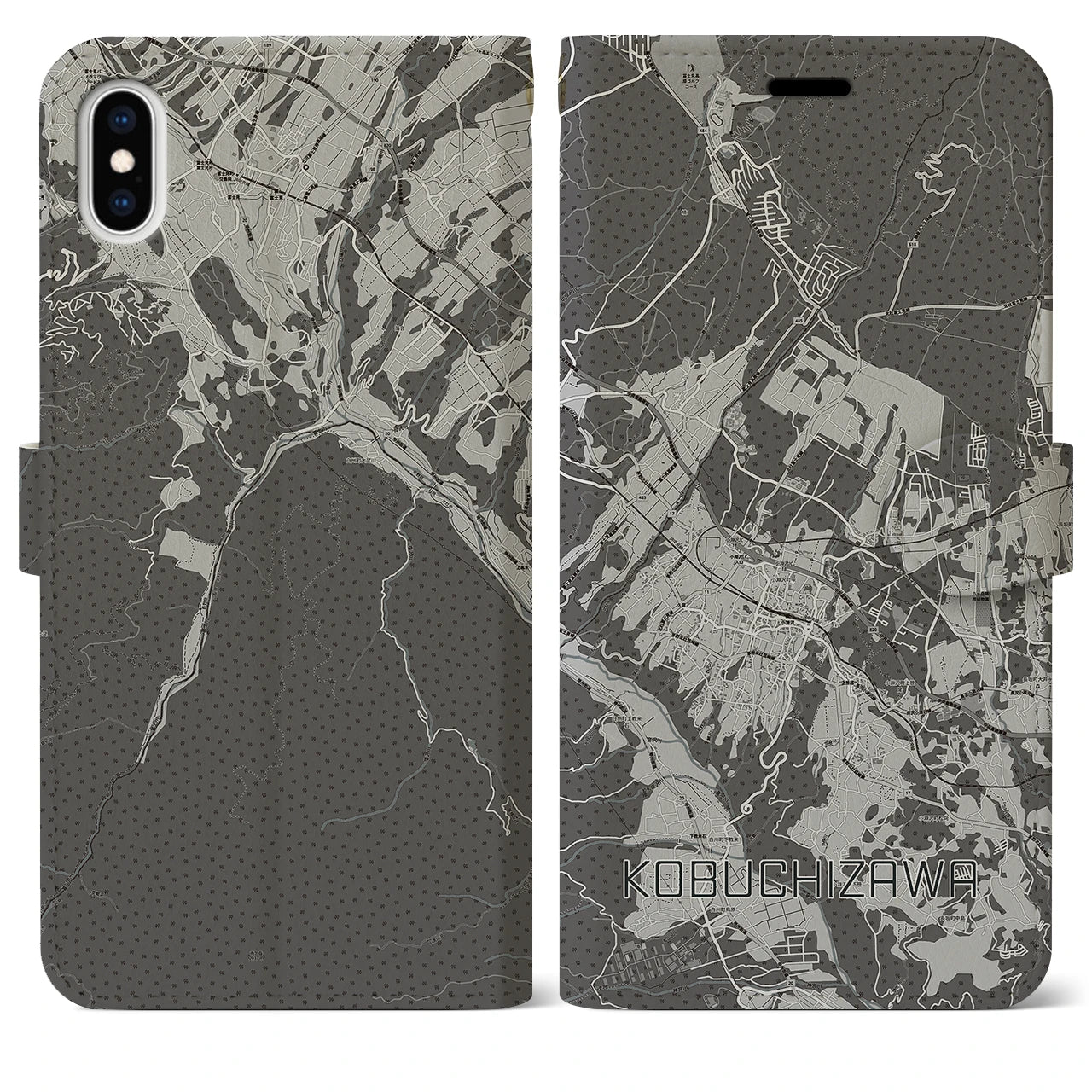 【小淵沢(山梨県)】地図柄iPhoneケース(手帳タイプ)モノトーン・iPhone XS Max 用
