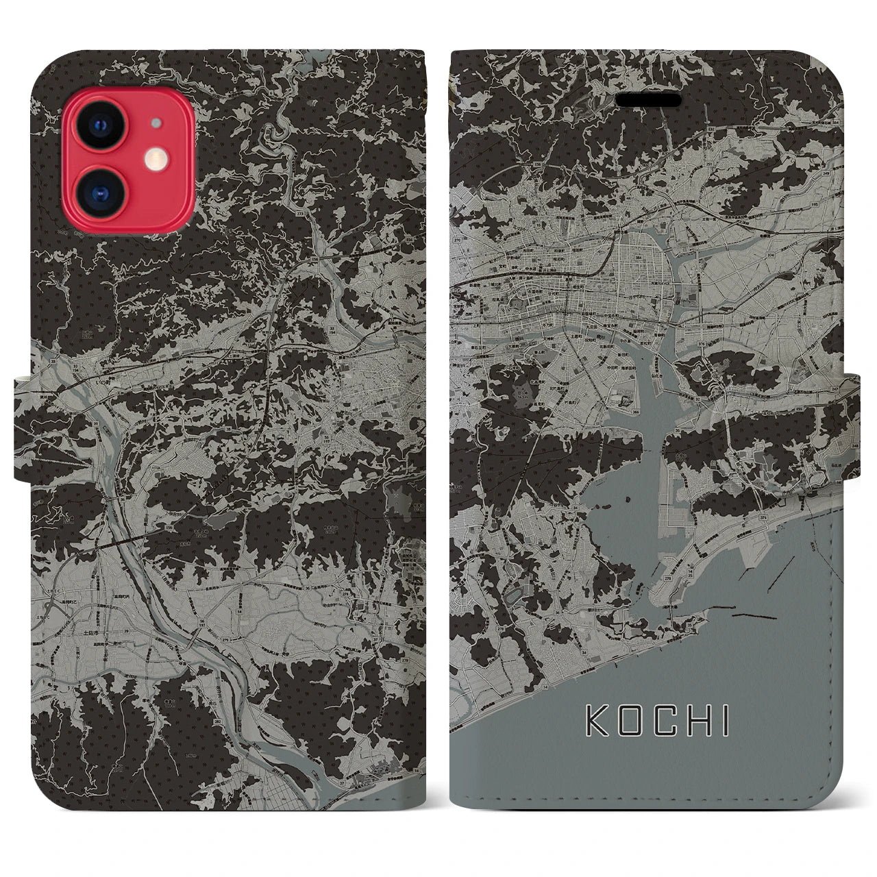 【高知(高知県)】地図柄iPhoneケース(手帳タイプ)モノトーン・iPhone 11 用