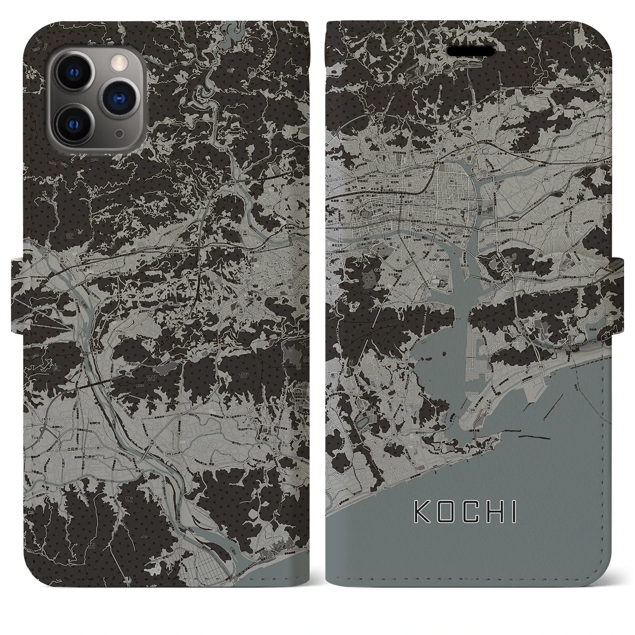 【高知(高知県)】地図柄iPhoneケース(手帳タイプ)モノトーン・iPhone 11 Pro Max 用