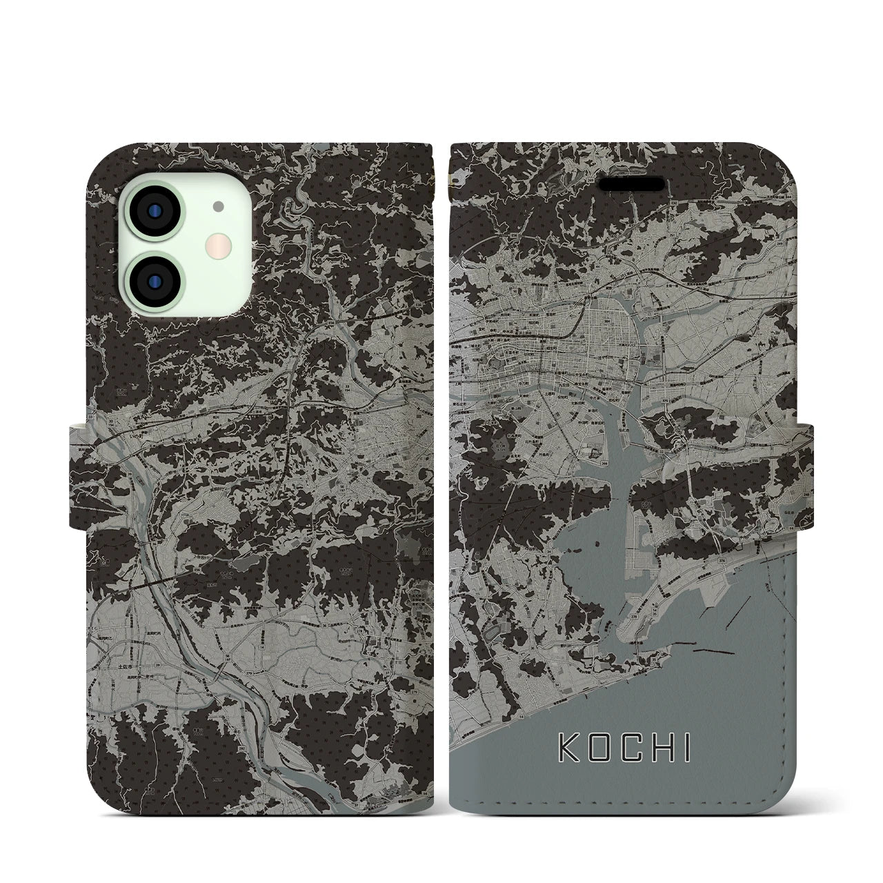 【高知(高知県)】地図柄iPhoneケース(手帳タイプ)モノトーン・iPhone 12 mini 用