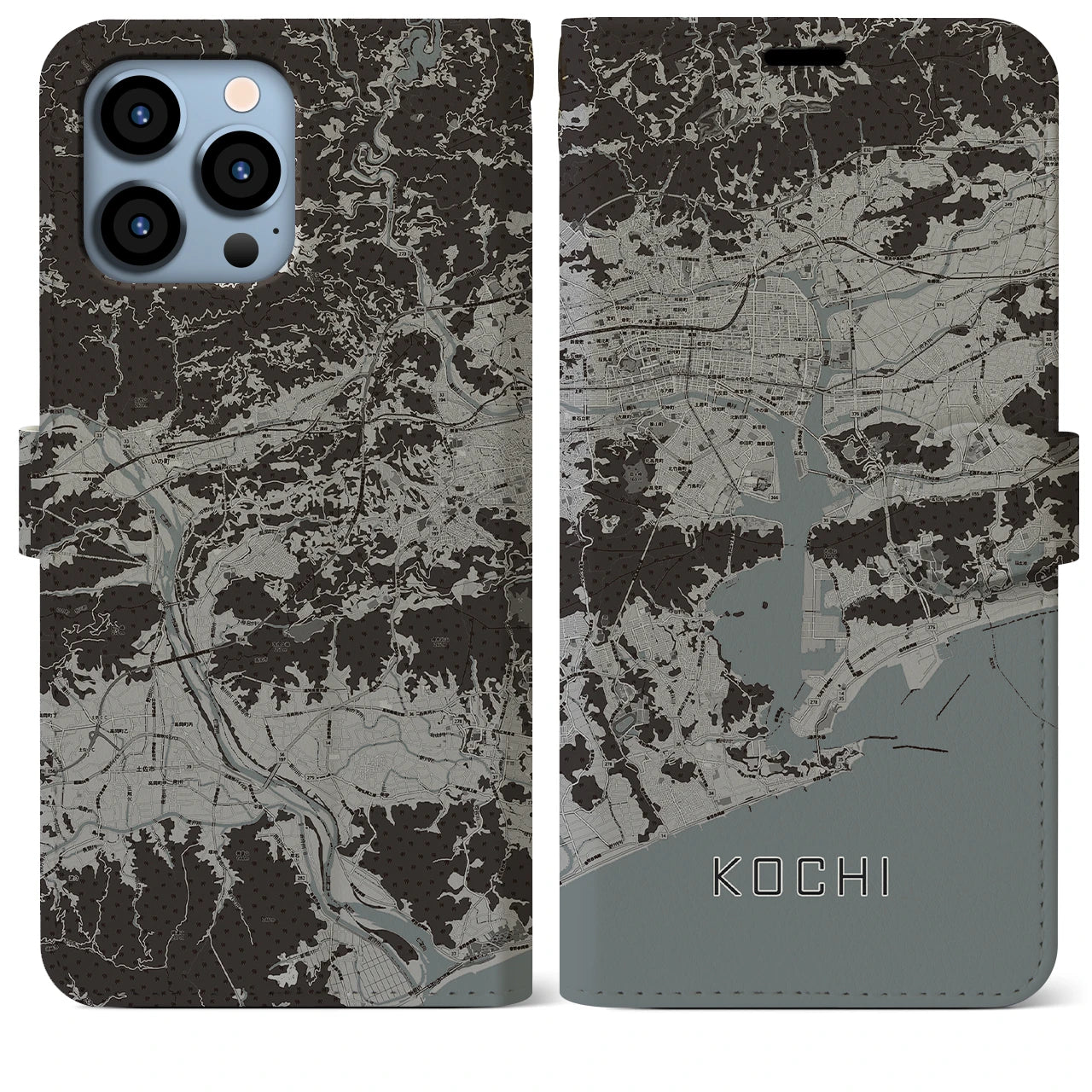 【高知(高知県)】地図柄iPhoneケース(手帳タイプ)モノトーン・iPhone 13 Pro Max 用