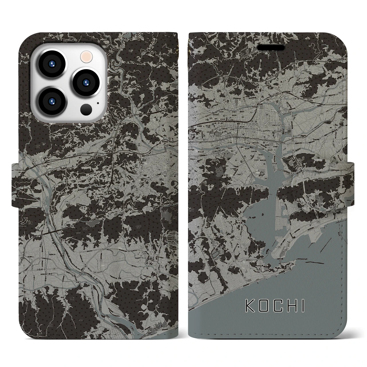 【高知(高知県)】地図柄iPhoneケース(手帳タイプ)モノトーン・iPhone 13 Pro 用