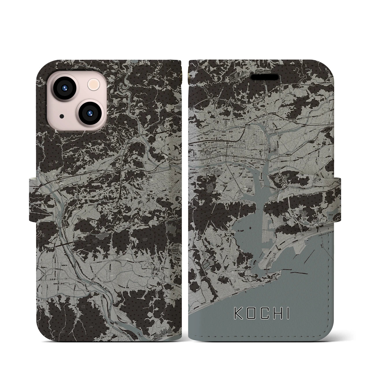 【高知(高知県)】地図柄iPhoneケース(手帳タイプ)モノトーン・iPhone 13 mini 用