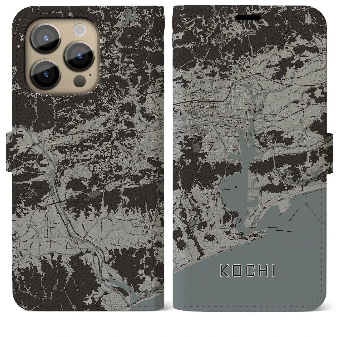【高知(高知県)】地図柄iPhoneケース(手帳タイプ)モノトーン・iPhone 14 Pro Max 用
