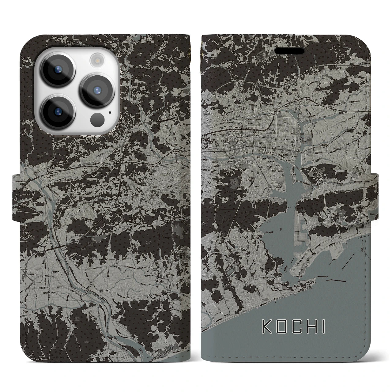 【高知(高知県)】地図柄iPhoneケース(手帳タイプ)モノトーン・iPhone 14 Pro 用