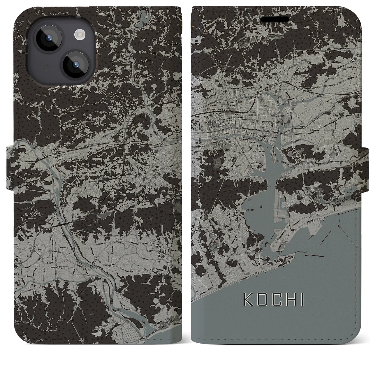 【高知(高知県)】地図柄iPhoneケース(手帳タイプ)モノトーン・iPhone 14 Plus 用
