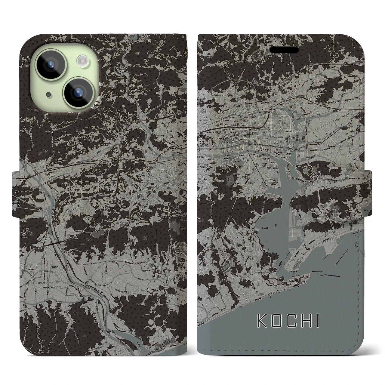【高知(高知県)】地図柄iPhoneケース(手帳タイプ)モノトーン・iPhone 15 用