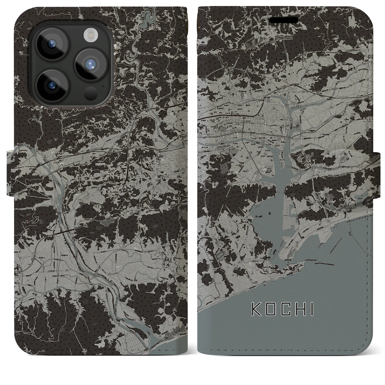 【高知(高知県)】地図柄iPhoneケース(手帳タイプ)モノトーン・iPhone 15 Pro Max 用