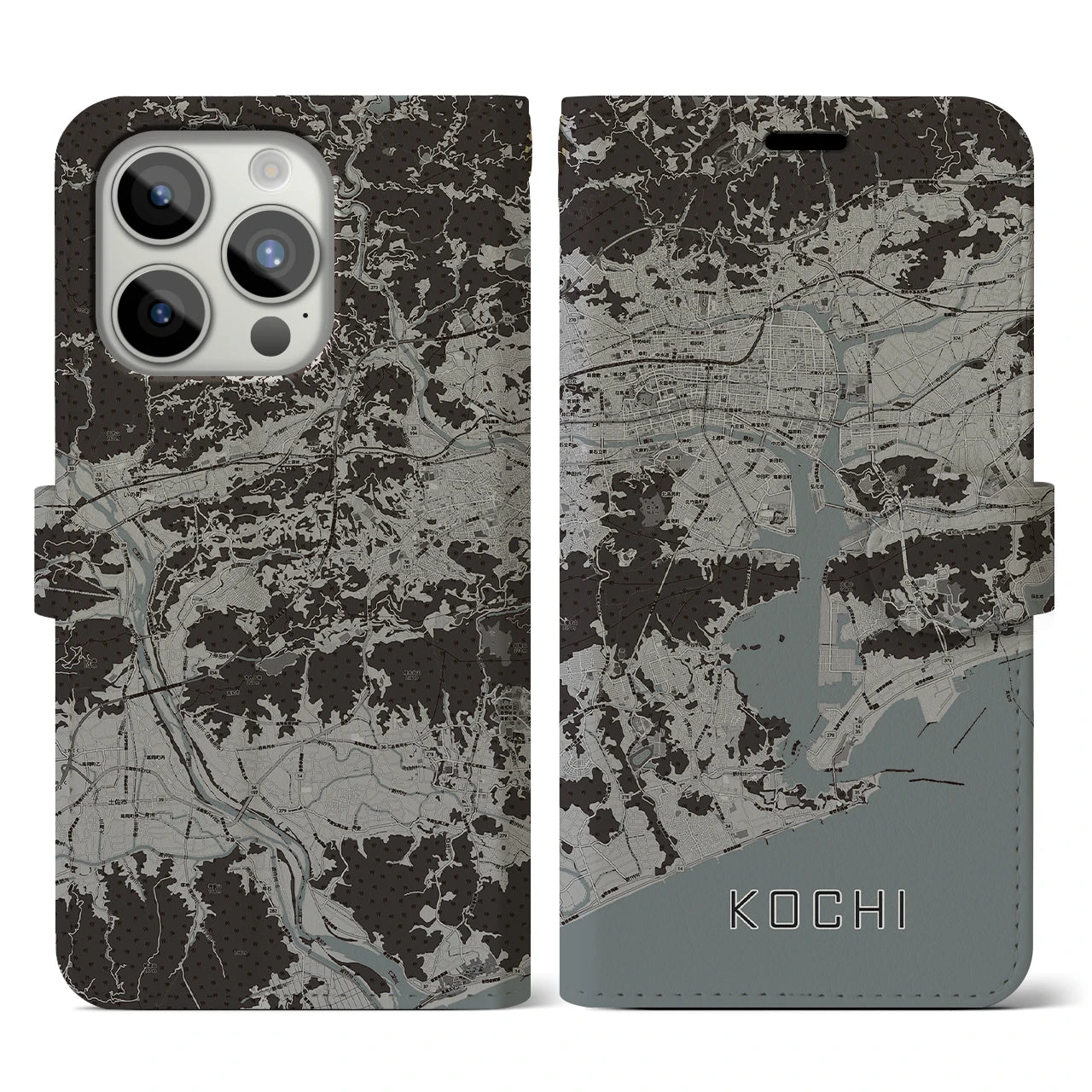 【高知(高知県)】地図柄iPhoneケース(手帳タイプ)モノトーン・iPhone 15 Pro 用